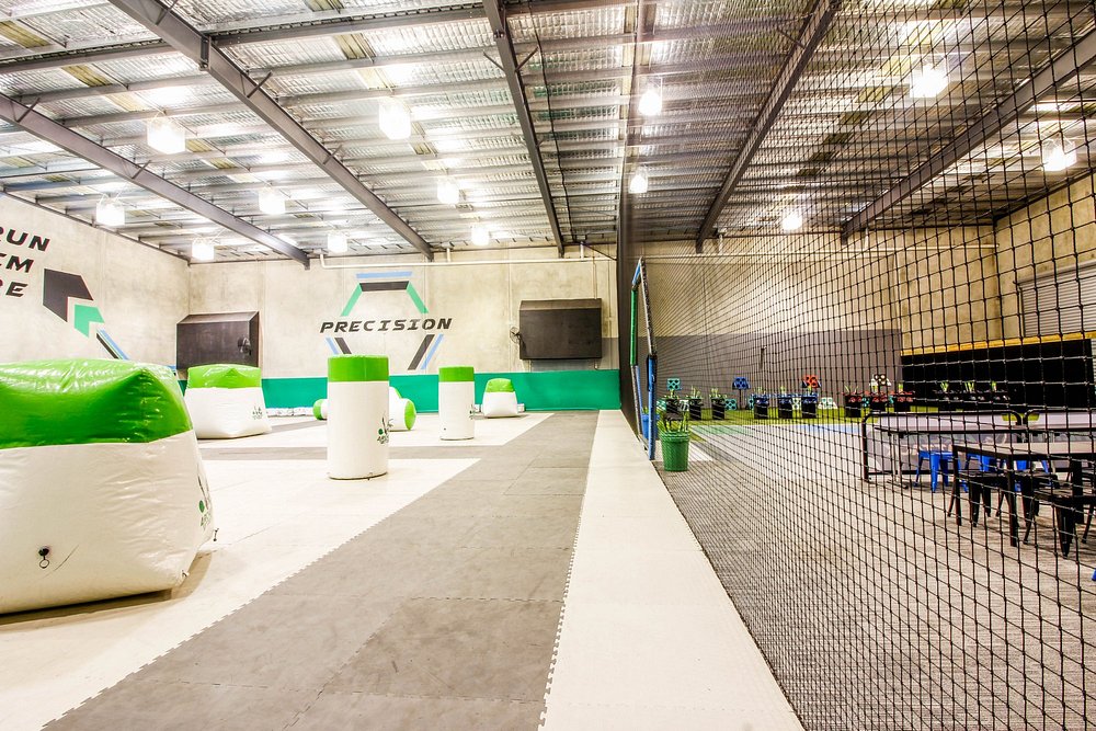 Foam bunkers and the PRECISION battlefield inside our indoor arena in Reservoir, Melbourne