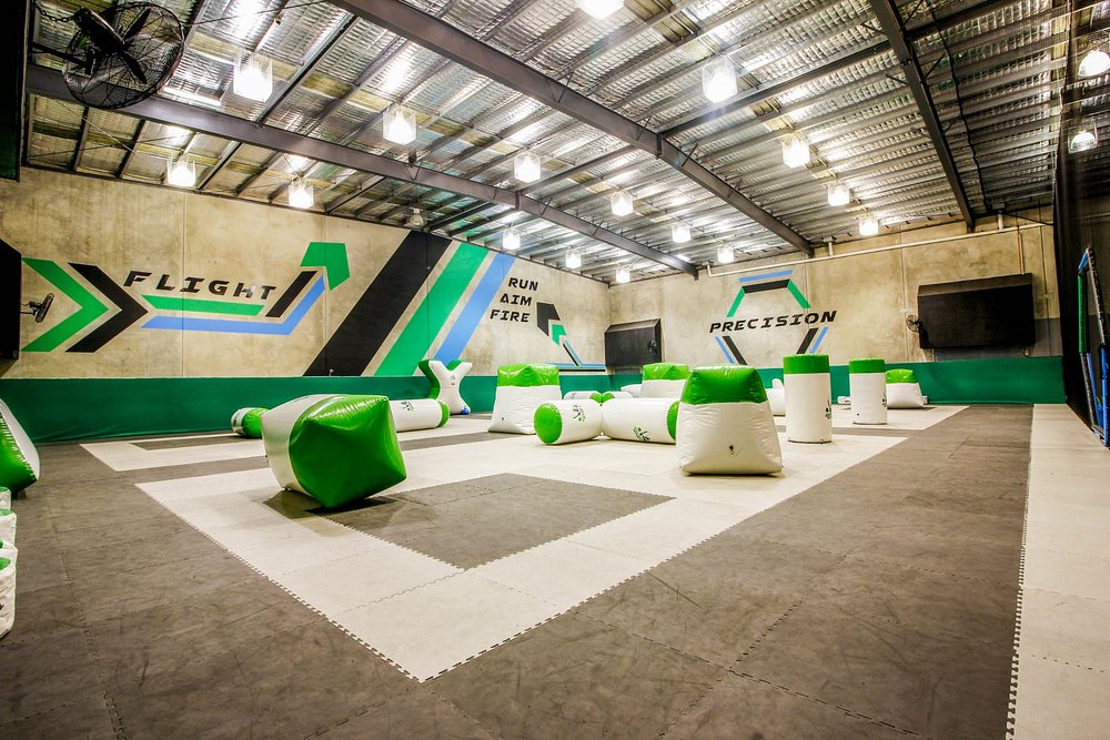 Foam bunkers set up across the indoor combat-archery battlefield in Reservoir, Melbourne