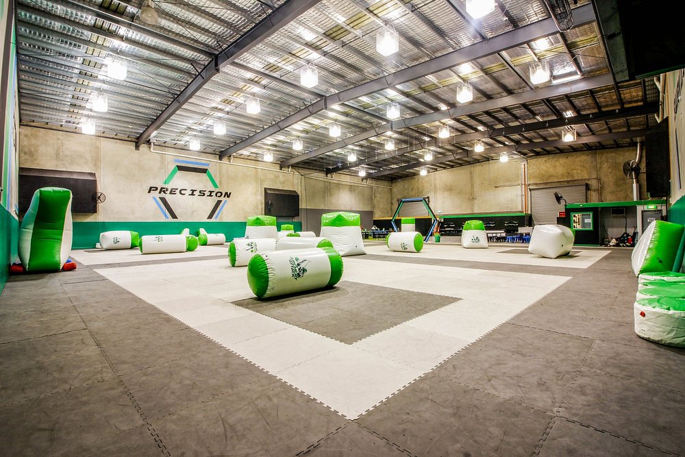 The netted Arrow Tag battlefield lined with foam bunkers at our Reservoir, Melbourne arena